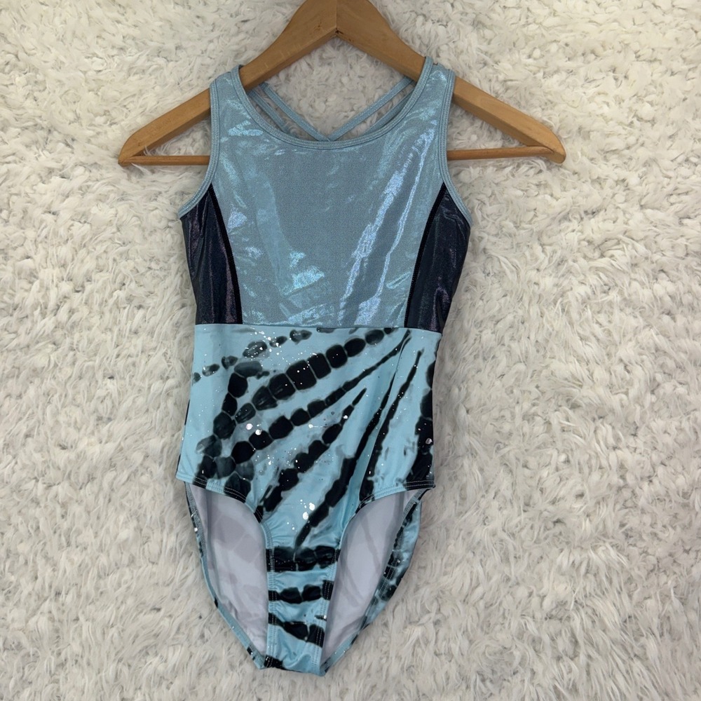 Justice Girls Leotard Size 10 Blue Metallic Tie Dye Gymnastics Dance Activewear